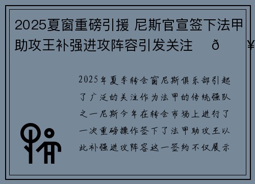 2025夏窗重磅引援 尼斯官宣签下法甲助攻王补强进攻阵容引发关注 ⚽🔥